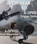 Close-up of 6-speed trigger shifter and rear derailleur on a 24 Inch Kids Mountain Bike With Front Suspension Fork 6 Speed Gears Built To Last Steel Frame Ergonomic Foam Saddle Off Road Ready For 9 To 15 Year Olds Bright Orange