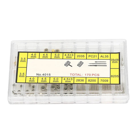 Pro Grade Watch Stem Extender And Crown Replacement Parts Kit With Storage Box showing various sizes in clear plastic box