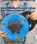 Person holding 4mm 150-Foot Steel Wire Puller With Storage Case, featuring durable blue casing and ergonomic handle.