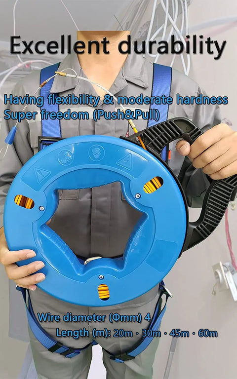 Person holding 4mm 150-Foot Steel Wire Puller With Storage Case, featuring durable blue casing and ergonomic handle.