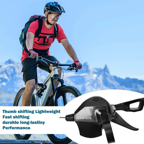 Cyclist riding mountain bike with 9 Speed Right Thumb Gear Shifter For Mountain, Road, Folding And Commuter Bikes With Visual Window And Inner Cable in foreground