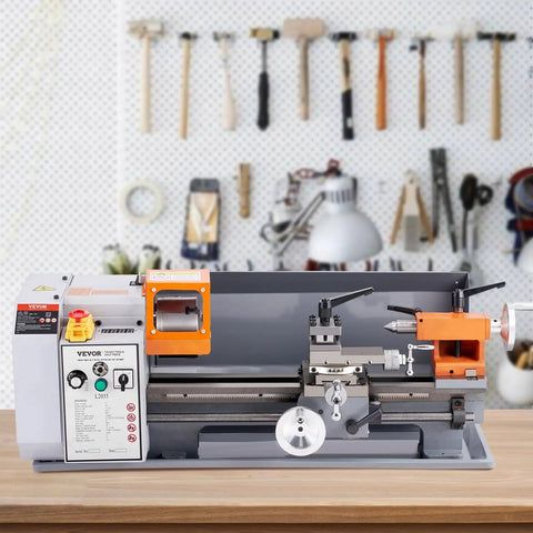 VEVOR Benchtop Metal Lathe Machine 7.87 X 13.78 Inches Precision Power Mill Tool With 600W Brush Motor And Variable Speed Control, in a workshop setting.