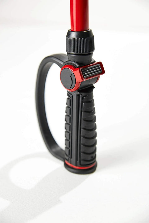 Pro Flo 14 Inch 7 Pattern Watering Wand with thumb control grip, close-up view of black and red handle design for garden tasks