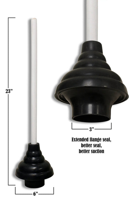 Heavy Duty Double Thrust Plunger With Six Inch Rubber Force Cup And Nineteen Inch Handle, black rubber cup, 23 inches long, plumbing tool.