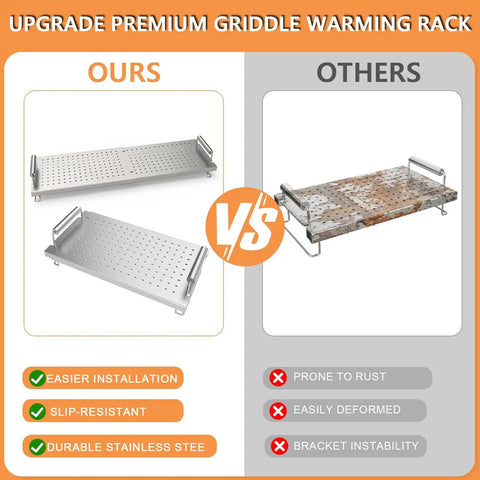 Comparison of our Adjustable Griddle Warming And Cooling Rack For 17 22 28 36 Inch Griddles Universal Stainless Steel with competitors.