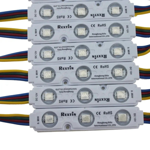 Close-up of 200 Pack 12V RGB 5050 LED Module Lights with Three LED Emitters, waterproof peel and stick backing, cables shown