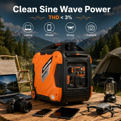 Portable Inverter Generator 4500W Gas Powered Pure Sine Wave For Camping And RV, Lightweight Quiet, 3800W Rated on campsite table