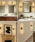 Natural Alabaster Brass Wall Sconce, Modern Indoor Bathroom Vanity Light above a bathroom vanity with mirrors.