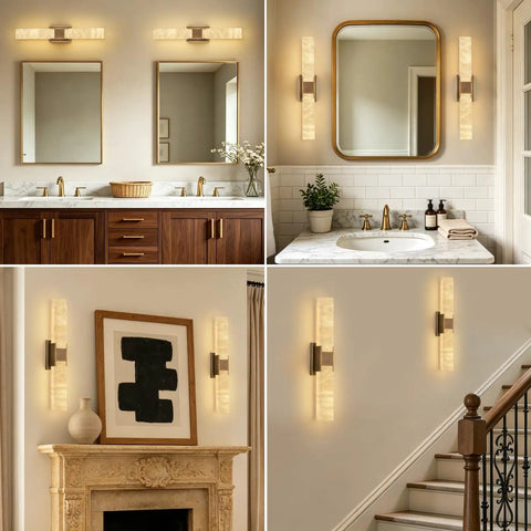 Natural Alabaster Brass Wall Sconce, Modern Indoor Bathroom Vanity Light above a bathroom vanity with mirrors.