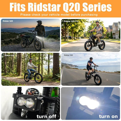 Off Road Ebike Headlight For 3 Pin Julet Systems IP68 Waterproof Front Lamp on Ridstar Q20 series e-bikes
