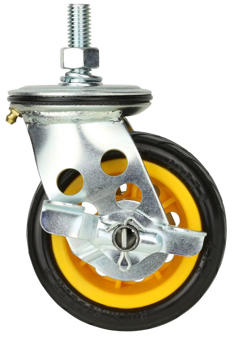 Hardcore Durable 4 X 2 Inch Wide Caster Wheels With Parking Brake 2 Pack close-up view showcasing metal frame and rubber wheel.