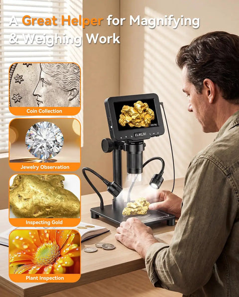 Coin Microscope With Built In 0.1g Weighing Scale Up To 300g 12MP Camera 4.3 Inch LCD Display 1080P Video Digital Magnifier For Error Coins Jewelry Inspection With LED Lights USB PC View For Collectors, man inspecting gold