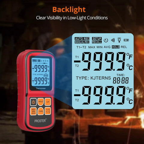 Dual Channel Digital Thermocouple Thermometer With Two K Type Probes Backlit LCD Real Time Temperature Readout