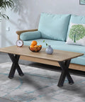 X Shape 16 Inch Iron Bench Legs Set Of 2 supporting a modern coffee table in living room scene with black powder coat finish