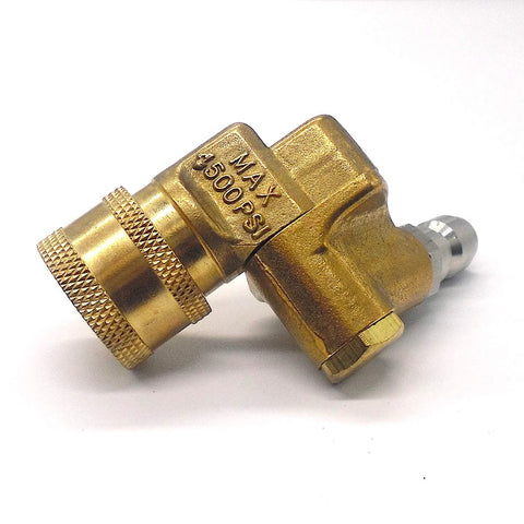 Close-up side view of brass 1/4-inch quick-connect pivoting pressure washer coupler with knurled collar