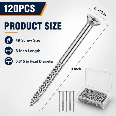 Image of 120 Pack Heavy Duty Nine By Three Inch Satin Nickel Door Hinge Screws With Lock Jaw Grip and Smooth Glide Action.