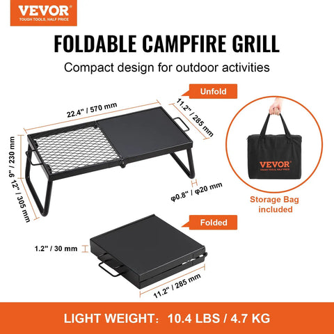 Foldable Campfire Grill With Legs Heavy Duty Steel Mesh Grate 22.4 Inch Portable Open Flame Grilling Rack Includes Carry Bag Camping Gear For Outdoor Cooking Over A Fire Pit folded and unfolded with carry bag
