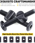 Fifty Piece M6 X Forty Millimeter Black Zinc Plated Hex Socket Crib Bolts With Matching Barrel Nuts And Hex Key For Rock Solid Furniture And Bed Frame Setup close-up of black hex socket bolts and barrel nuts