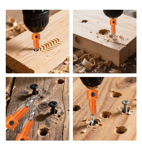 5 Piece Countersink Drill Bit Set With Hex Shank Tapered Pilot Hole Bits And Snappy Quick Change used in wood drilling