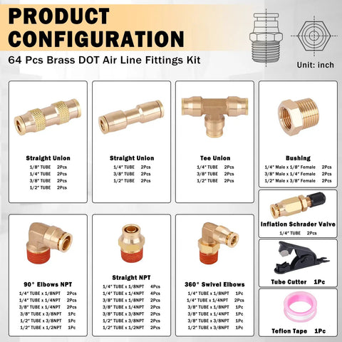 Product diagram of 64 Piece Brass DOT Air Line Fittings Kit All In One With Push Lock And Quick Connect NPT Thread showcasing components