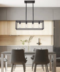 Farmhouse Rectangle Chandelier For Dining Room And Kitchen Island, Modern Linear Hanging Light Fixture, Matte Black 4 Light