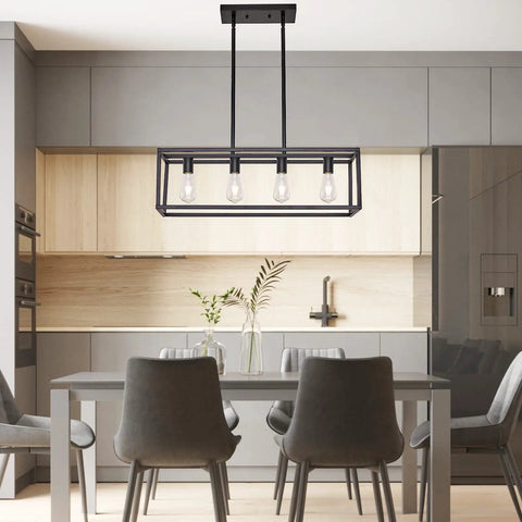 Farmhouse Rectangle Chandelier For Dining Room And Kitchen Island, Modern Linear Hanging Light Fixture, Matte Black 4 Light