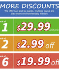 Discount offer for products, $29.99 unit price for one pack, $2.99 off two packs, $19.99 off six packs, eco-friendly packaging