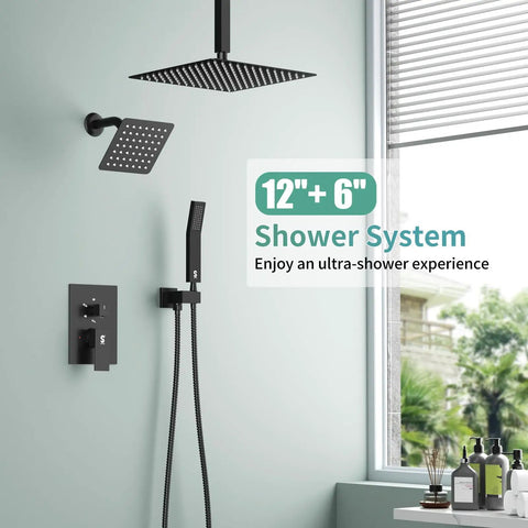 Top Shelf Matte Black Shower Faucet Set Featuring Dual Shower Heads And Wide Ceiling Rainfall Paired With Adjustable Handheld Spray For Dead Simple Setup And Insane Home Spa Vibes
