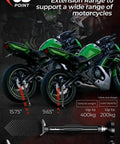 Green motorcycles supported by Beefy Aluminum Build Bike Maintenance Stand With Brake Holder And Ergonomic Grip Stand.