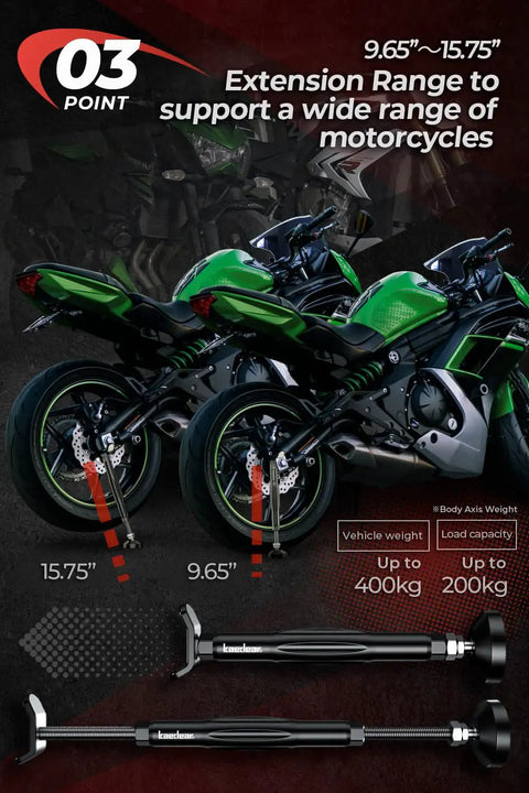 Green motorcycles supported by Beefy Aluminum Build Bike Maintenance Stand With Brake Holder And Ergonomic Grip Stand.