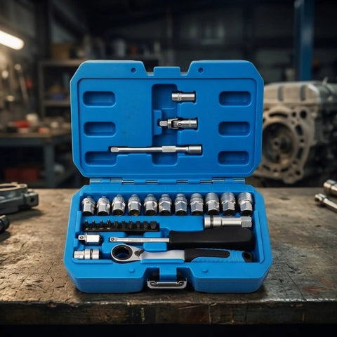 Heavy Duty 29 Piece Metric Socket And Ratchet Set With Through Hole Design And 72 Tooth Quick Reverse Ratchet in blue case on workbench.