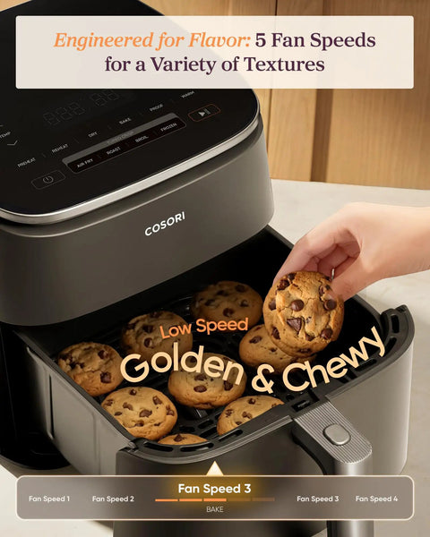Six Quart Nine In One Air Fryer With Pfas Free Ceramic Basket and Fast Air Technology baking chocolate chip cookies