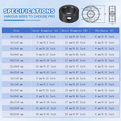 Heavy Duty 10 mm Bore Shaft Collar 17 mm OD 8 mm Thick Carbon Steel Wheel Stopper With Set Screw And 2 Hex Wrenches Black Pack Of 6 For Machine Tools And Conveyors size chart