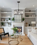 Dope Black Crystal 3 Light Chandelier For Dining Room And Living Room hanging over modern living room with fireplace view.