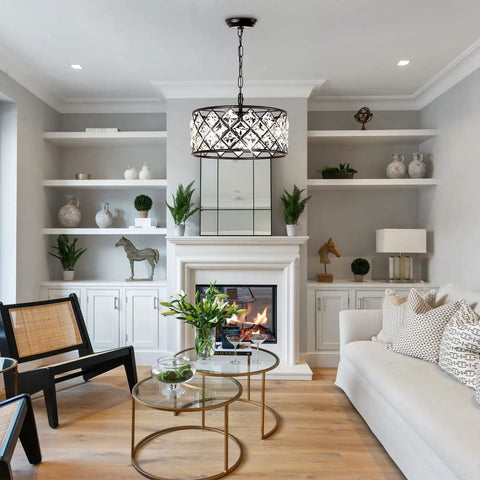 Dope Black Crystal 3 Light Chandelier For Dining Room And Living Room hanging over modern living room with fireplace view.