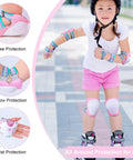 Girl wearing Pink All-In-One Kid Protective Gear Set With Knee Pads Elbow Pads And Wrist Guards For Inline Skating Biking Skateboarding Or Scooters Adjustable Rainbow Elastic 2 Of Each Pad Mesh Bag Included