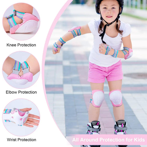 Girl wearing Pink All-In-One Kid Protective Gear Set With Knee Pads Elbow Pads And Wrist Guards For Inline Skating Biking Skateboarding Or Scooters Adjustable Rainbow Elastic 2 Of Each Pad Mesh Bag Included