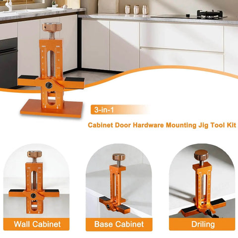 3-In-1 Cabinet Door Mounting Jig With Adjustable Positioner, Base, And Three Drill Bits, Pro-Grade Aluminum Alloy Cabinet Hinge Installation Tool For Frameless And Face-Frame Cabinets, Works On Left Or Right Opening Doors displayed on a kitchen countertop with views of wall, base cabinet, and drill use.