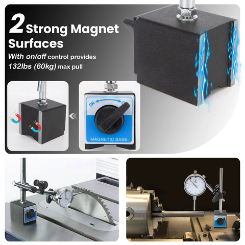 Front and side views of a dial indicator with blue magnetic base for precision inspection.