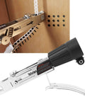 Automatic Drill Nailer Conversion Kit attached to wood, showcasing stainless steel design for efficient cabinet assembly.