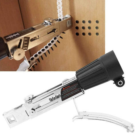 Automatic Drill Nailer Conversion Kit attached to wood, showcasing stainless steel design for efficient cabinet assembly.
