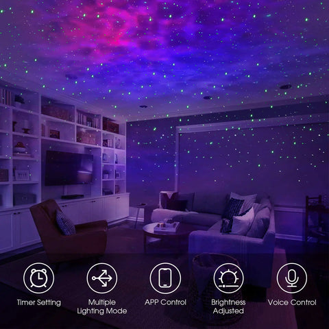 Living room with Smart Star Projector With WiFi Galaxy Light And 16 Million Nebula Effects, stars on walls and ceiling, app features displayed.