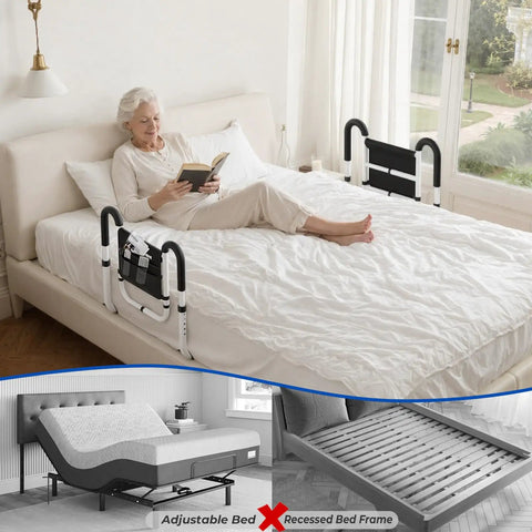 Senior woman using Dual Side Bed Rails For Seniors With 350 Pound Capacity ASTM Approved 4 Bar Anti Tip Frame Ergonomic U Handles No Tools Needed For Easy Setup Includes Storage Bag 2026 Upgrade Model BM10 on non-adjustable bed.