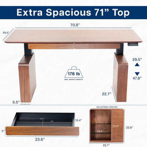 Top Shelf Executive Sit Stand Desk Rich Walnut Top With Generous 71 By 30 Surface Built In Drawers dimensions and features.