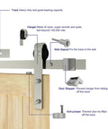 6 Ft Brushed Nickel Sliding Barn Door Hardware Kit With Smooth Quiet Hanger Rollers shown in installed position on wooden door