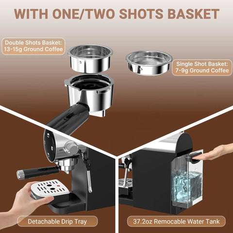 Level Up Your Daily Grind With This 20 Bar Semi Automatic Espresso Machine Featuring A Responsive Touch Panel And Powerful 1350W Steam Wand For Barista Grade Lattes And Rich Homemade Cappuccinos, showing detachable drip tray and shot baskets.