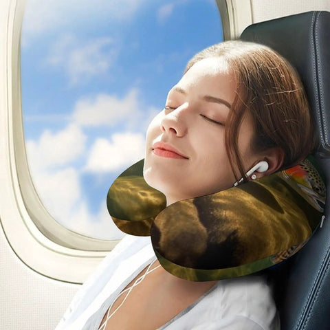 Woman using Brook Trout Fly Fishing Travel Pillow U Shaped Neck Pillow For Airplane Car Office Comfort With Memory Foam Fill