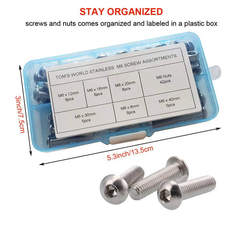 84 Piece M6 Hex Socket Bolts And Nuts Set Stainless Steel 304 Hardware Kit with labeled box and bolts detail