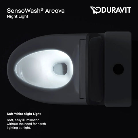 SensoWash Arcova night light illuminating an elongated toilet bowl for easy nighttime use.