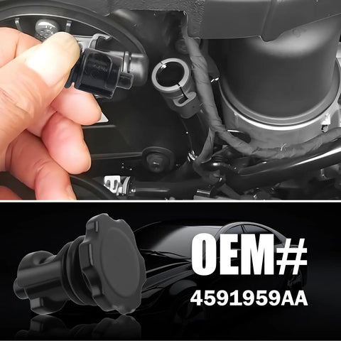 Hand installing OEM 4591959AA Transmission Fill Plug With O Ring Seal Dipstick Filler Cap Top Plug Cover in vehicle.